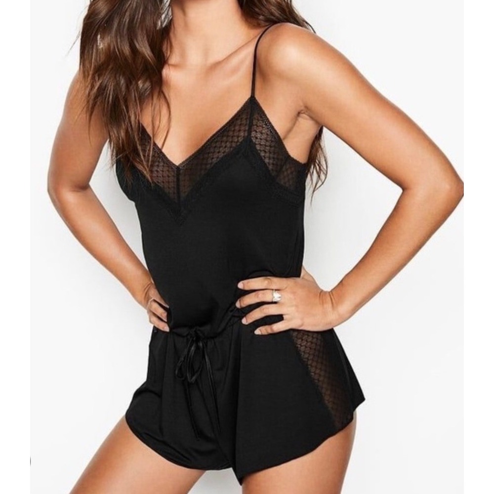 Victorias Secret Black Mesh Lace Trim Sleep Romper Large Adjustable Straps Teddy